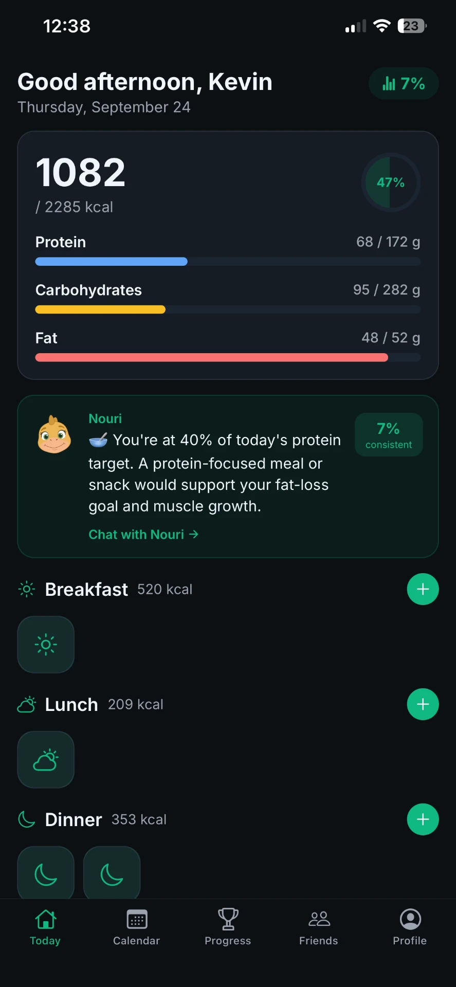 NutriPal Today screen showing calories, macros, Nouri's coaching insight, and logged meals